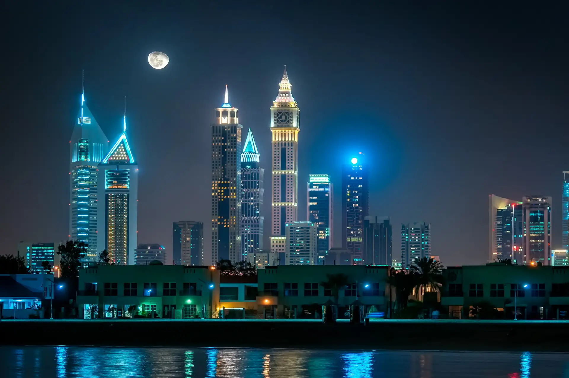 Amazing night panorama of Jumeirah Beach skycrapers, Dubai, United Arab Emirates